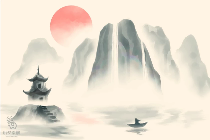 中国风中式禅意水彩水墨山水风景国画背景图案插画AI矢量设计素材【020】
